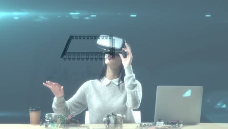 Animation-of-woman-wearing-vr-headset-touching-virtual-screen-with-3d-model-spinning