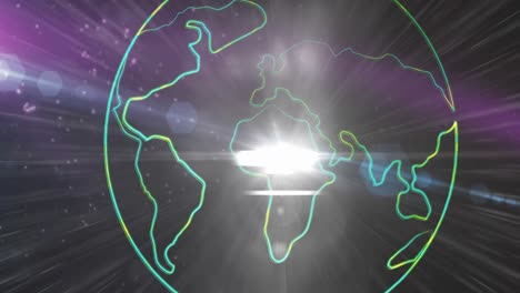 Digitale-Animation-Eines-Hellen-Lichtflecks-über-Dem-Globus-Vor-Violettem-Hintergrund