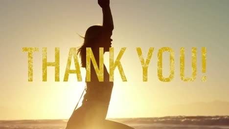 Animation-of-thank-you-text-in-yellow-letters-over-woman-practicing-yoga