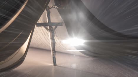 Animation-Eines-Christlichen-Kreuzes-Und-Einer-Bibel-Mit-Mehreren-Leuchtenden-Punkten-Auf-Grauem-Hintergrund