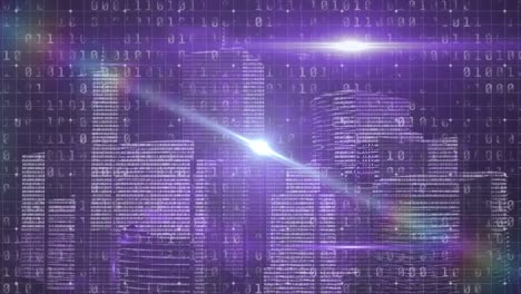 Animation-of-binary-coding-and-3d-cityscape-model-over-purple-background