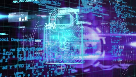 Sicherheitsvorhängeschloss-Symbole-Gegen-Datenverarbeitung-Und-Globus-Auf-Violettem-Hintergrund