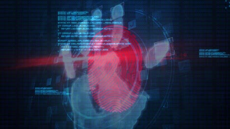 Human-hand-scanning-over-fingerprint-biometric-scanner-against-data-processing-on-blue-background
