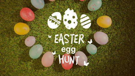 Animation-of-easter-egg-hunt-text-with-multi-coloured-easter-eggs-in-grass