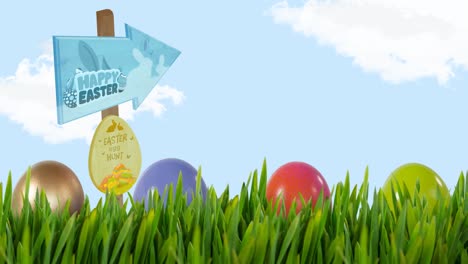 Animation-of-happy-easter-and-egg-hunt-text-on-signs-with-easter-eggs-in-grass-over-blue-sky