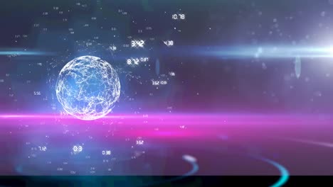 Animation-Eines-Globus-Mit-Netzwerken-Von-Verbindungen-Und-Zahlen,-Die-Sich-über-Einem-Leuchtenden-Hintergrund-ändern