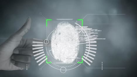 Animation-Eines-Biometrischen-Fingerabdrucks-Mit-Zielfernrohrscan-Mit-Frauenhand-Und-Leuchtenden-Lichtern