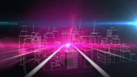 Datenverarbeitung-Und-Rosa-Lichtfleck-Vor-Einem-3D-Stadtmodell,-Das-Sich-Auf-Schwarzem-Hintergrund-Dreht