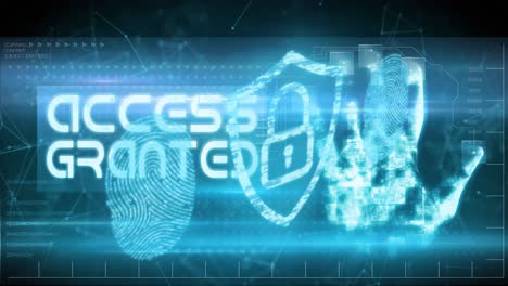 Animation-of-access-granted-text,-online-security-padlock-and-biometric-fingerprint