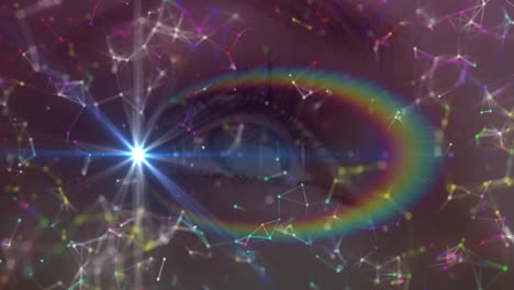 Spot-of-light-and-rainbow-flare-over-network-of-connections-against-close-up-of-female-eye