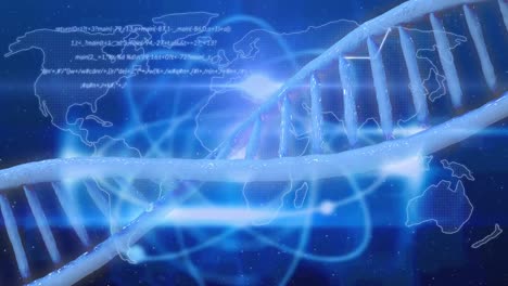 Animation-of-dna-strand-and-medical-data-processing-over-blue-background