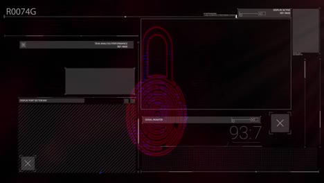 Security-padlock-and-digital-interface-with-data-processing-against-black-background