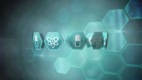 Animation-of-network-of-hexagons-with-medical-icons-on-green-background