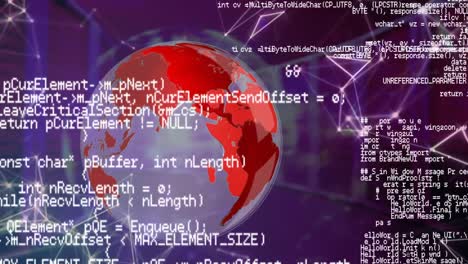Data-processing-and-network-of-connections-against-spinning-globe-on-purple-background