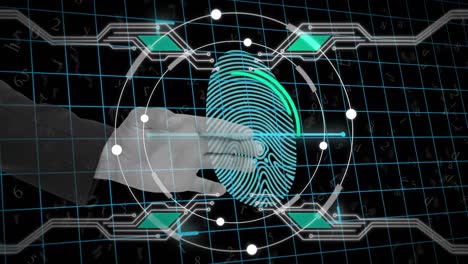 Human-hand-scanning-over-fingerprint-biometric-scanner-against-grid-network-of-black-background