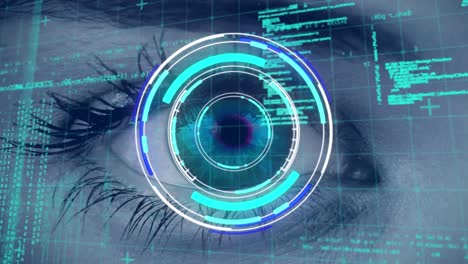 Datenverarbeitung-Und-Neon-Rundscanner-Scannen-über-Nahaufnahme-Eines-Weiblichen-Auges