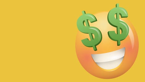 Animation-of-smiling-emoji-with-green-american-dollar-symbols-on-yellow-background