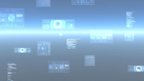 Animation-of-data-processing-and-scopes-scanning-on-screens-over-glowing-blue-background