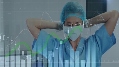 Financial-data-processing-against-portrait-of-female-surgeon-wearing-face-mask-at-hospital