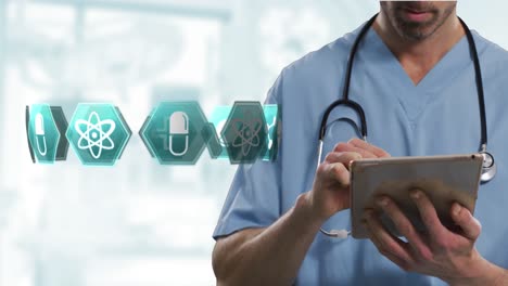 Múltiples-íconos-Médicos-Girando-Contra-La-Sección-Media-De-Un-Trabajador-De-Salud-Masculino-Usando-Una-Tableta-Digital.