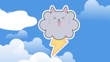 Animation-of-cute-cloud-with-thunder-over-clouds-on-blue-background