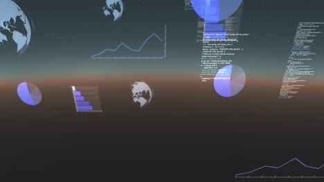Animation-of-data-processing,-globes-spinning-and-statistics-recording-on-gradient-background