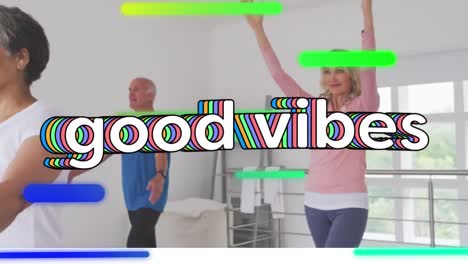 Good-vibes-and-shapes-moving-against-two-senior-diverse-couple-performing-stretching-exercise