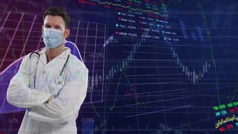 Portrait-of-caucasian-male-doctor-wearing-face-mask-against-financial-data-processing