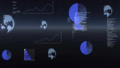 Animation-Der-Datenverarbeitung,-Sich-Drehender-Globen-Und-Statistikaufzeichnung-über-Das-Universum