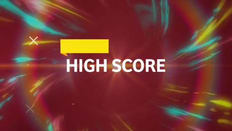 Digitale-Animation-Von-Highscore-Text-Und-Gelbem-Banner-Vor-Lichtspuren-Auf-Rotem-Hintergrund