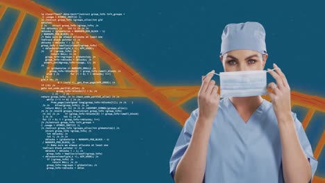 DNA-Struktur-Und-Datenverarbeitung-Im-Vergleich-Zum-Porträt-Einer-Weiblichen-Gesundheitshelferin-Mit-Gesichtsmaske