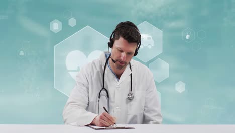 Caucasian-male-doctor-taking-notes-against-multiple-medical-icons-on-blue-background