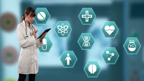 Animación-De-Iconos-Médicos-Hexagonales-Sobre-Doctora-Usando-Tableta
