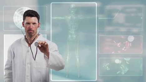 Animation-Des-Porträts-Eines-Männlichen-Arztes,-Der-Ein-Stethoskop-über-Bildschirmen-Mit-Medizinischen-Daten-Hält