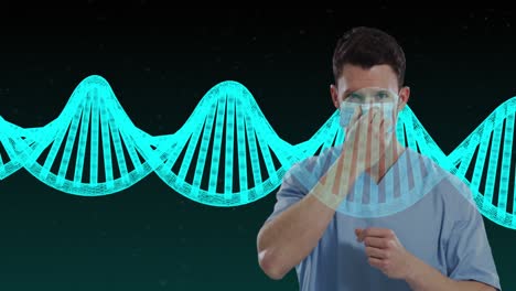 DNA-Struktur-Und-Datenverarbeitung-Gegen-Einen-Kaukasischen-Männlichen-Gesundheitshelfer,-Der-Seine-Gesichtsmaske-Anpasst