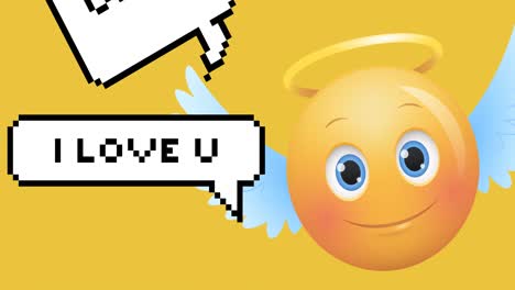 Animation-of-smiling-angel-emoji-with-wings-and-vintage-speech-bubbles-on-yellow-background