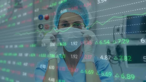 Stock-market-data-processing-against-portrait-of-female-surgeon-wearing-face-mask