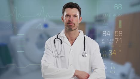 Digitale-Schnittstelle-Mit-Medizinischer-Datenverarbeitung-Gegen-Porträt-Eines-Kaukasischen-Männlichen-Arztes