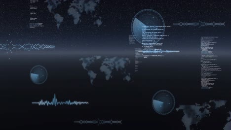 Animation-Der-Datenverarbeitung,-Weltkarten-Und-Statistikaufzeichnung-über-Das-Universum