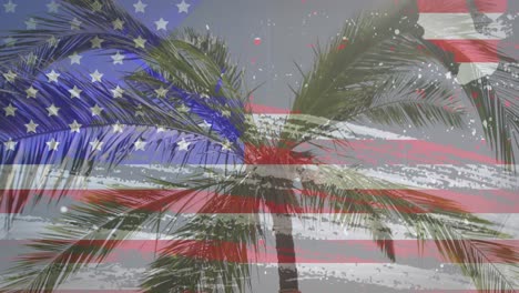 American-flag-with-glitch-effect-against-view-of-palm-tree-on-the-beach