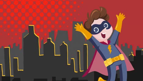 Animation-of-retro-speech-bubbles-with-superhero-flying-over-cityscape-at-night