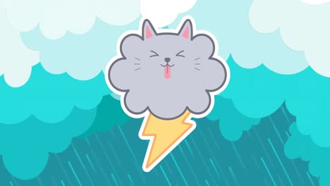 Animation-of-cute-cloud-with-thunder-over-clouds-and-rain-in-background