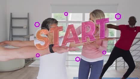 Start-text-against-two-senior-diverse-couple-performing-stretching-exercise-at-home