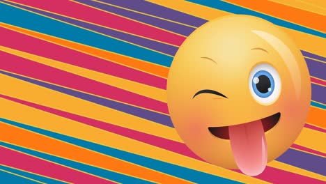 Animation-of-smiling-emoji-with-tongue-sticking-out-on-colourful-diagonal-stripes-in-background