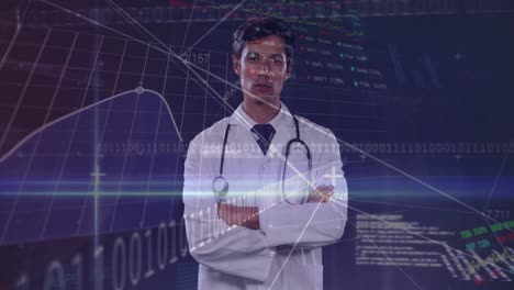Portrait-of-caucasian-male-doctor-against-stock-market-data-processing-on-blue-background