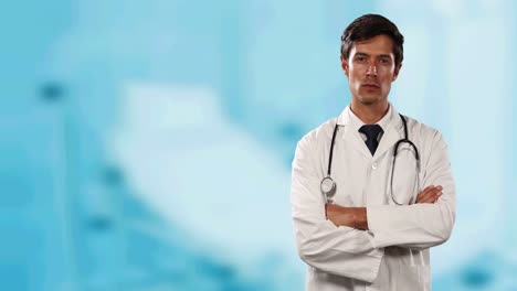 Portrait-of-caucasian-male-doctor-with-arms-crossed-against-hospital-in-background