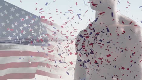 Animation-of-american-flag-waving-and-confetti-falling-over-man-admiring-view-on-the-beach