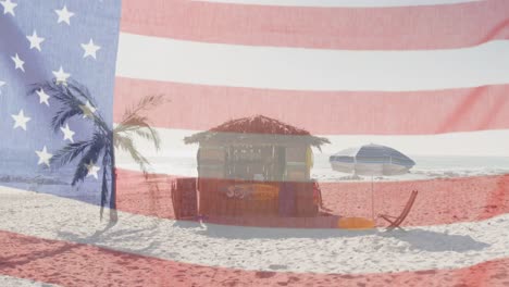 American-flag-with-glitch-effect-against-view-of-wooden-beach-bar-at-the-beach