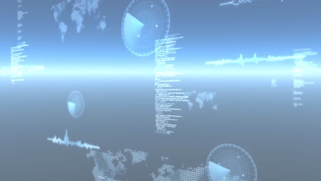 Animation-Der-Datenverarbeitung,-Weltkarten-Und-Statistikaufzeichnung-Auf-Leuchtend-Blauem-Hintergrund