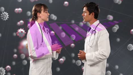 Animation-of-covid-19-cells-and-statistics-recording-over-male-and-female-doctors-talking